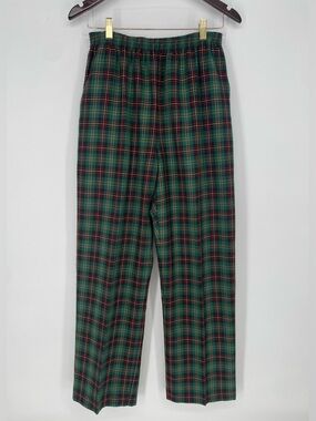 Alfred Dunner 80s-90s Green Plaid Casual Pull On Elastic Waist Trousers